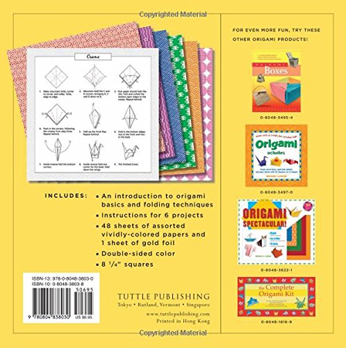Origami Paper Traditional Prints pack showing 48 sheets with six Japanese designs, gold foil, and folding instructions.