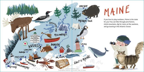 Welcome to Maine picture book map with animals, landmarks, and outdoor scenes for children ages 3-6.