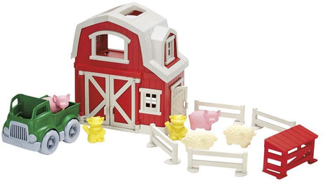 Farm Play Set with red barn, green truck, farmer cows, pigs, sheep, fences, and hog shed for imaginative play.