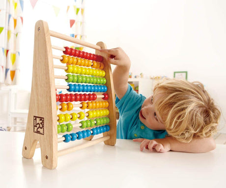 Child playing with the colorful wooden Abacus, a fun learning toy for counting and color recognition.
