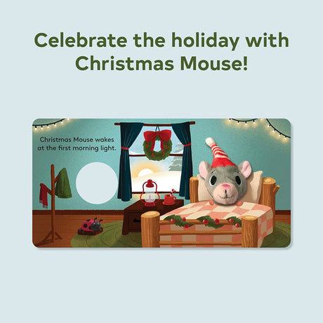 Christmas Mouse with Finger Puppet showing a festive mouse puppet peeking from a holiday-themed illustrated bed scene.