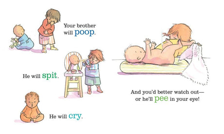 You're Getting a Baby Brother board book page showing toddler interactions with a baby brother in playful watercolor art.