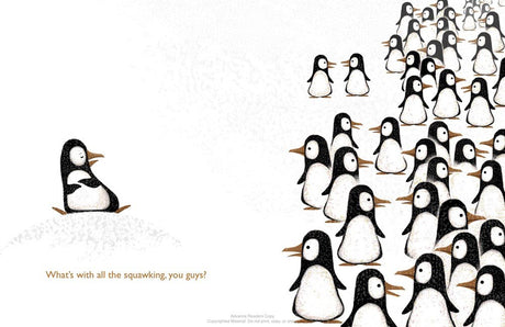 Illustration from Penguin Problems showing a lonely penguin separated from a large group on snowy Antarctica.