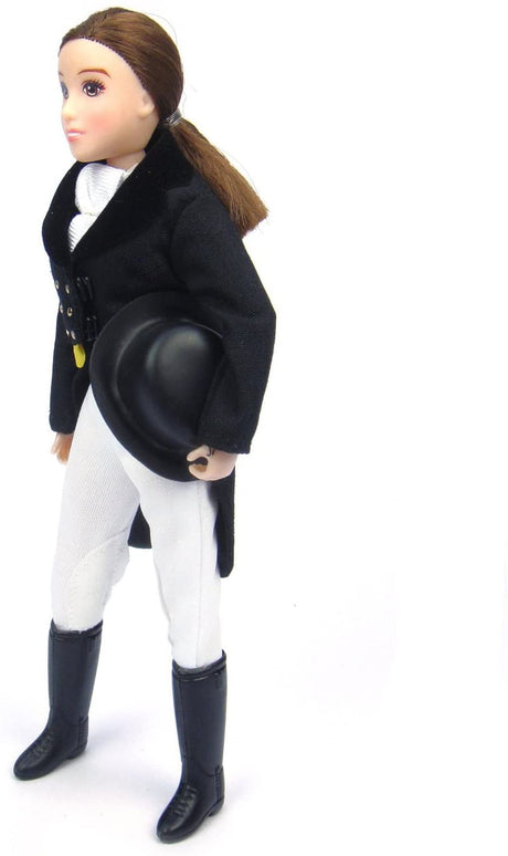 Dressage Rider doll Megan dressed in formal riding attire holding a black top hat and wearing black boots.