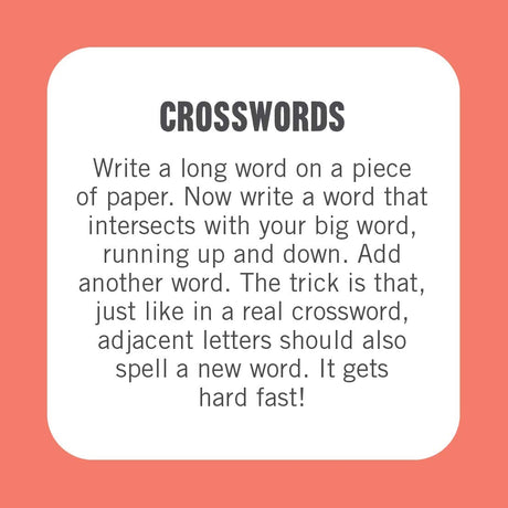 50 Fun Things To Do on a Plane Tin showing a crossword puzzle activity card with instructions on a coral background.