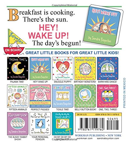 Hey, Wake Up! book cover with colorful characters and a sunny morning theme by Sandra Boynton.