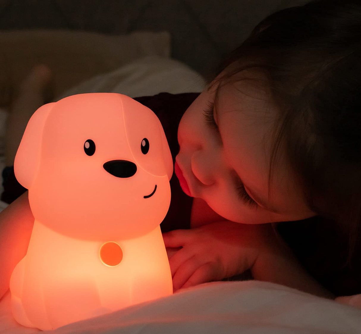 LED Nightlight | Puppy glowing softly beside a child, creating a soothing and playful bedtime atmosphere.