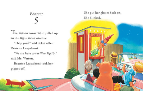 Mercy Watson Something Wonky This Way Comes showing Watsons in convertible at drive-in ticket booth with moviegoers.