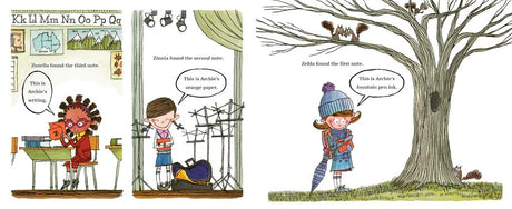 From Archie to Zack illustration shows children discovering hidden letters and papers in a whimsical outdoor setting.