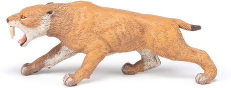 Smilodon figure roaring with detailed fur texture, perfect for dinosaur and Jurassic earth playsets, ages 5+.