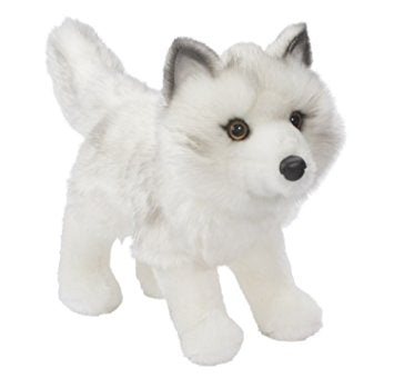 Arctic Fox Queenie plush toy with ultra soft white and gray fur, black nose, and brown eyes, 11 inches tall.