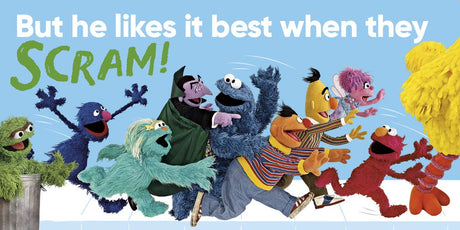 Sesame St Friends: Oscar with Sesame Street characters reaching out to Big Bird on a bright blue background.
