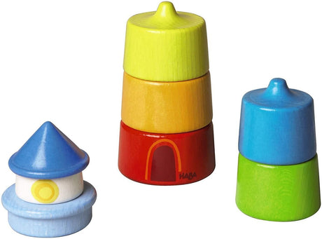 Stacking Lighthouse wooden toy with colorful, stackable sections designed to foster motor skills and hand-eye coordination.