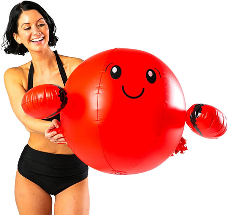 Woman holding the bright red Beach Ball | Crab with cute claws, smiling face, perfect for pool or beach fun.