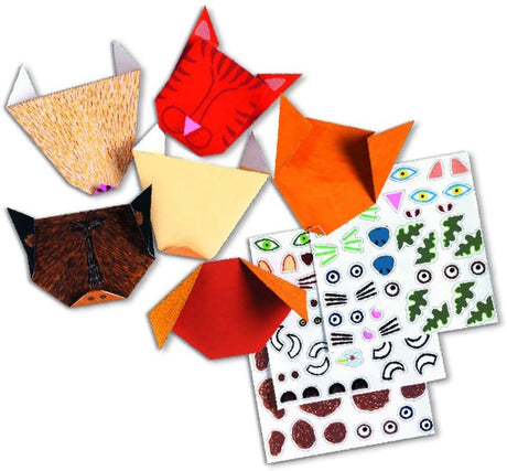 Origami Animals craft kit showing colorful folded animal faces and sticker sheets for kids to decorate and personalize.