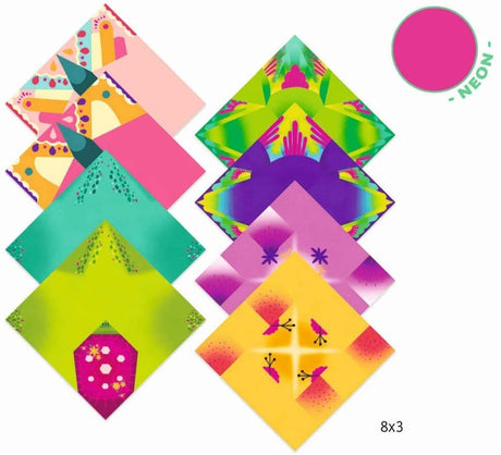 Origami Tropics colorful 8x8 inch neon origami paper sheets with tropical patterns for kids craft kits.