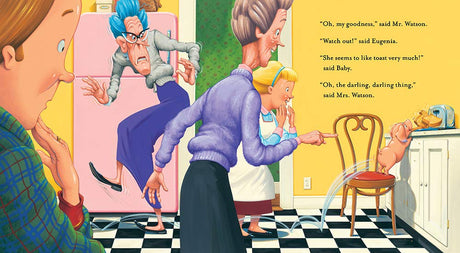 Illustration from A Piglet Named Mercy showing surprised adults watching a tiny piglet on a kitchen chair.