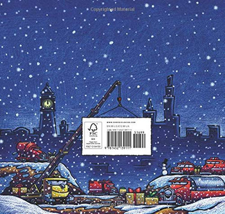 Back cover of Construction Site on Christmas showing snowy cityscape with trucks, crane, and holiday gifts at night.