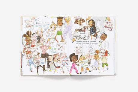 Open illustrated pages of Sofia Valdez, Future Prez showing diverse children holding protest signs for a park project.