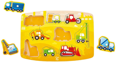 9pc Construction Vehicles Peg Puzzle with colorful wooden vehicle pieces for developing motor and language skills.