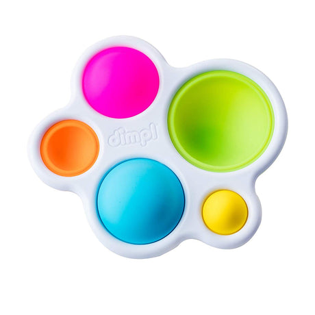 Dimpl sensory toy with colorful silicone bubbles in sturdy ABS plastic frame for fine motor skills, designed for little fingers.