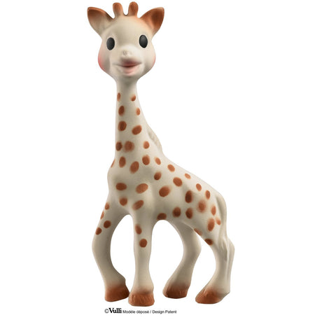 Sophie the Giraffe baby toy made of natural rubber with a squeaky body, perfect for teething and sensory play.