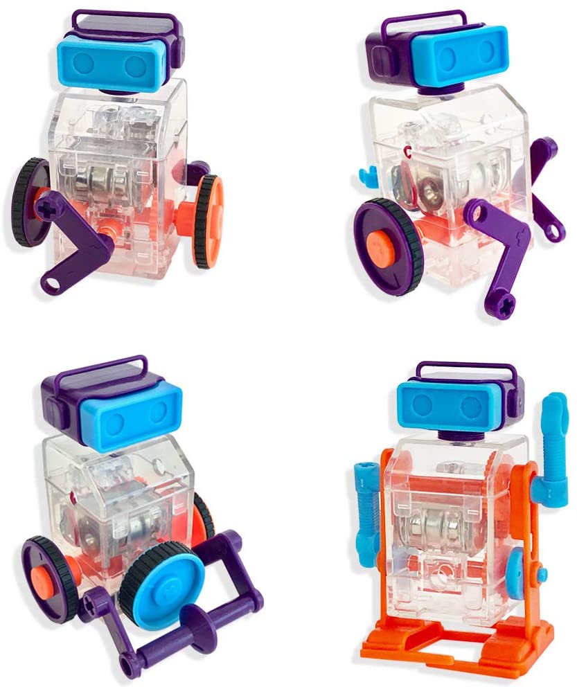 Tiny Tools Tiny Robots mini robotic kits showcasing colorful, transparent mechanical parts and wheels for kids.