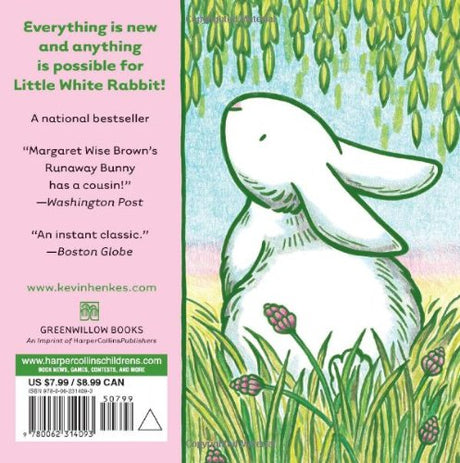 Little White Rabbit board book cover showing a curious white rabbit among green grass and hanging willow branches.