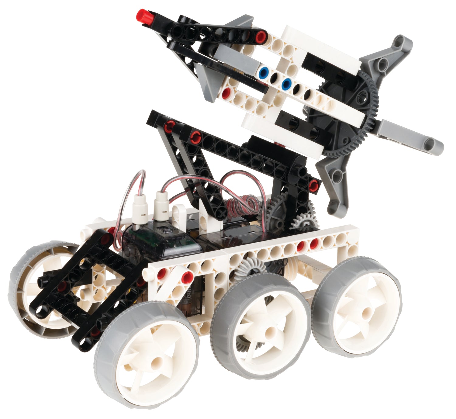 Remote Control Space Explorers robotic rover model with six wheels and a movable satellite dish attachment.