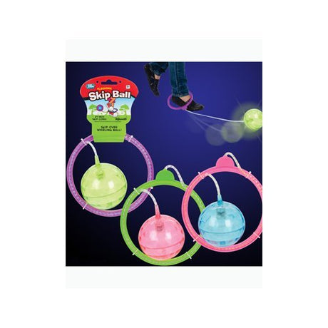 Skip Ball Light Up! featuring a translucent ball that flashes, attached to a colorful ring with a 21-inch cord.