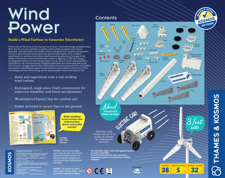 Wind Power kit with parts to build a working wind turbine, electric generator, and small electric car model.