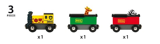 Safari Train toy with colorful giraffe and zebra on sliding rooftop cars, designed for children ages 3 and up.