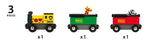 Safari Train toy with colorful giraffe and zebra on sliding rooftop cars, designed for children ages 3 and up.