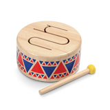 Solid Drum wooden toy drum with colorful geometric patterns and yellow-tipped rubberhead drumstick for kids' musical play.