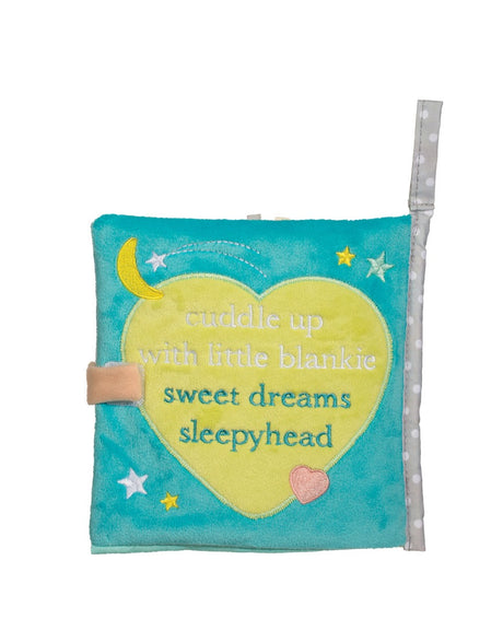 Elephant Soft Book with soft blue cover, heart applique, and sleepy-themed text for babies and toddlers.