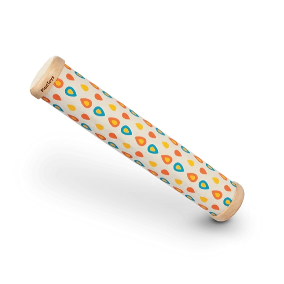 Rainmaker Wooden musical toy with colorful teardrop patterns, made from sustainable rubberwood for creative play.