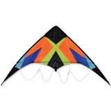 Zoomer 2.0 Sports Kite | Neon X with neon orange, blue, green design, fiberglass frame, and included flying handles and line.