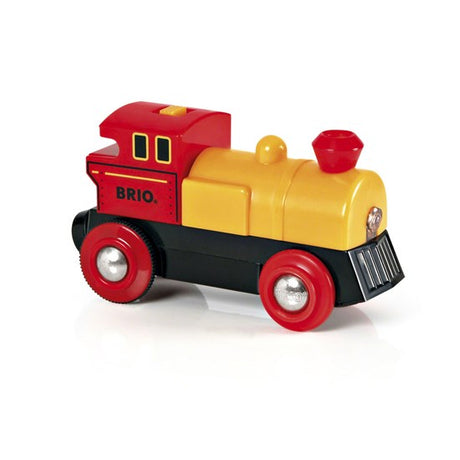 Battery-Powered Two-Way Engine red and yellow classic BRIO train toy with forward, reverse, and headlight functions.