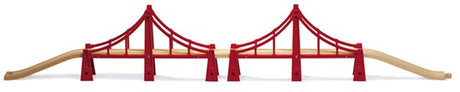Double-Suspension Bridge with red towers and wooden tracks for BRIO train set, ideal for ages 3 and up.