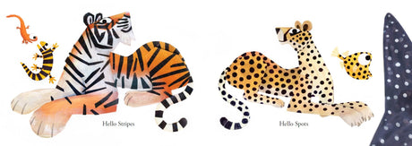 Illustration from Hello Hello board book showing colorful animals with stripes and spots exploring nature's diversity.