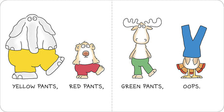 Open book illustration from Blue Hat Green Hat showing animals in colorful pants learning colors and clothes.
