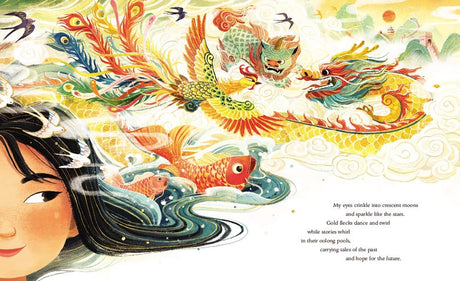 Illustration from Eyes that Kiss in the Corners showing an Asian girl with flowing hair and colorful mythical creatures.