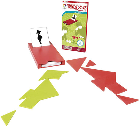 Tangoes Brainiac puzzle set with red and green tangram pieces, challenge cards, and compact storage case for travel.