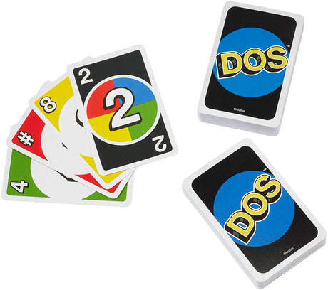 Dos card game deck with colorful number and action cards for 2 to 4 players in a black box design.