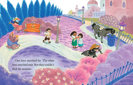 Illustration from The Princess in Black and the Playdate showing characters searching for a monster in a colorful garden path.