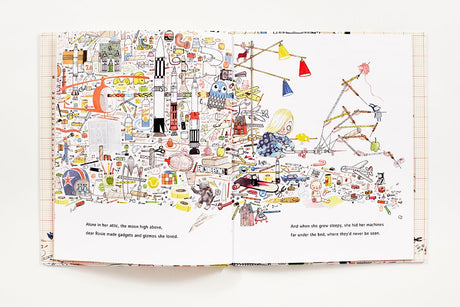 Open book illustration from Rosie Revere, Engineer showing a girl working on inventive gadgets and machines in her attic.