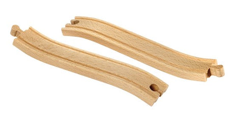Two wooden pieces of Ascending Tracks designed for toy railways to help trains climb and descend smoothly.