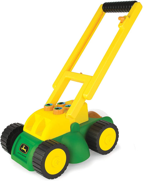 John Deere Lawn Mower toy for kids with interactive sounds, spinning blade, and retractable handle for outdoor play.
