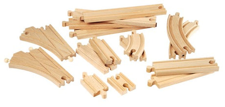 Intermediate Track Expansion Pack showing 16 wooden railway track pieces for extending BRIO railway sets.