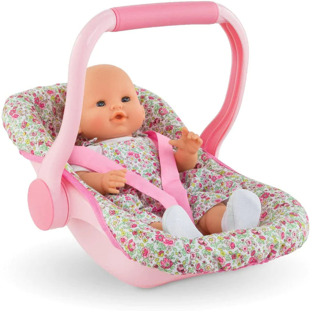 Car Seat Carrier Floral featuring a pink handle and floral fabric holding a baby doll in a cozy seat.